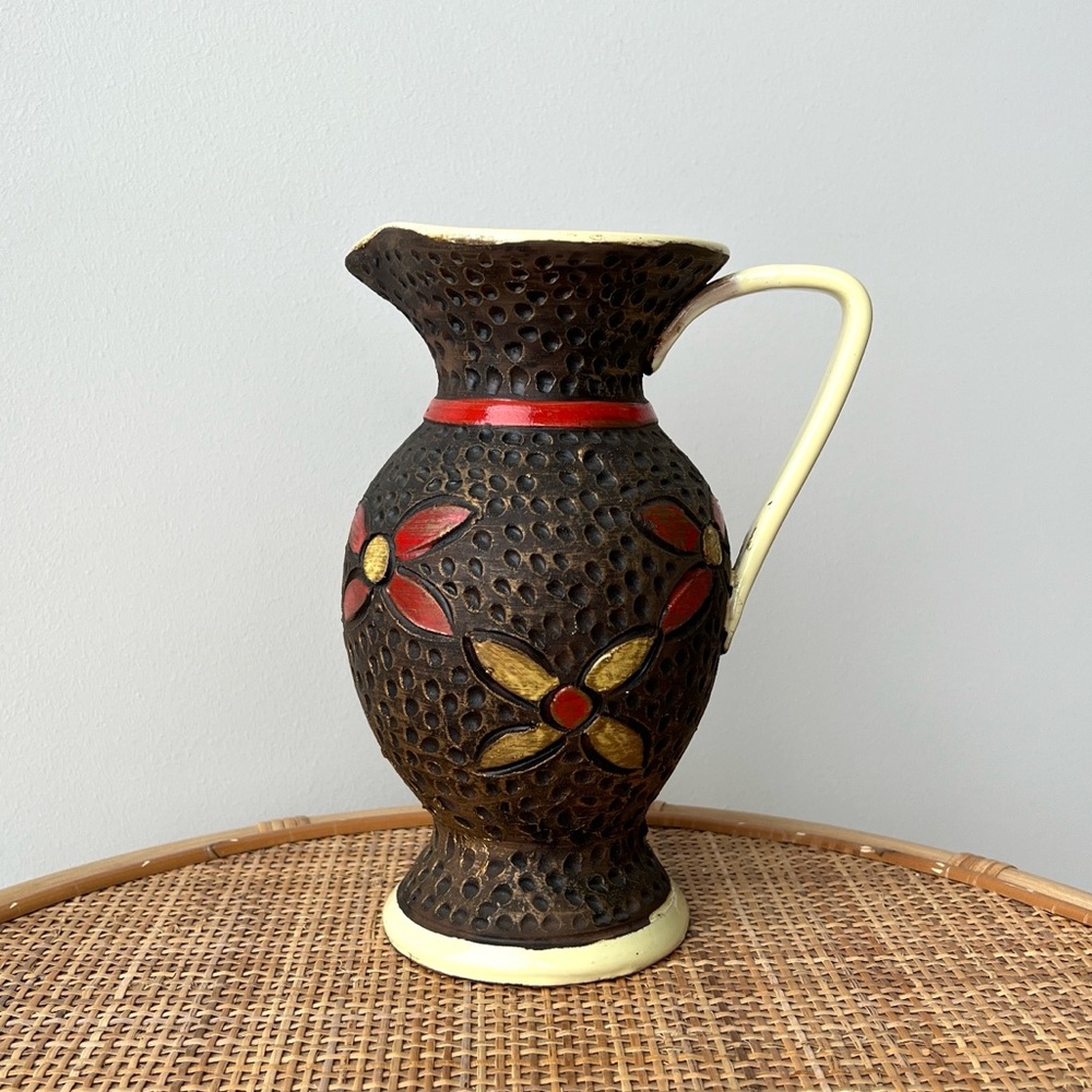 Vintage MCM Carved Floral Italian Pottery Pitcher Vase